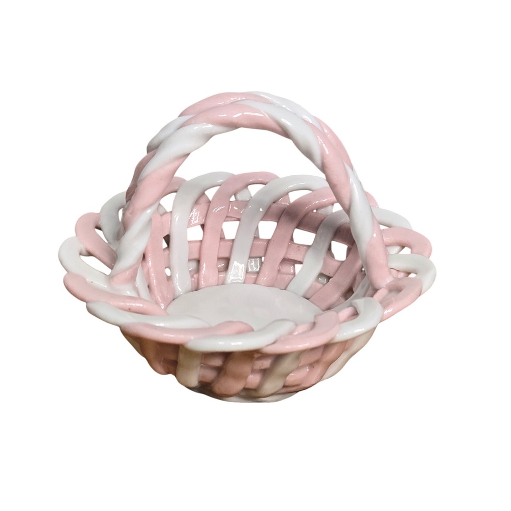 Vintage Pink White Porcelain Weave Miniature Basket Trinket Ring Dish 3 in